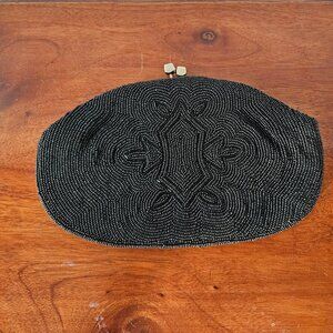 Beautiful Vintage 1960s Black Beaded Clutch with Goldtone Kiss Clasp